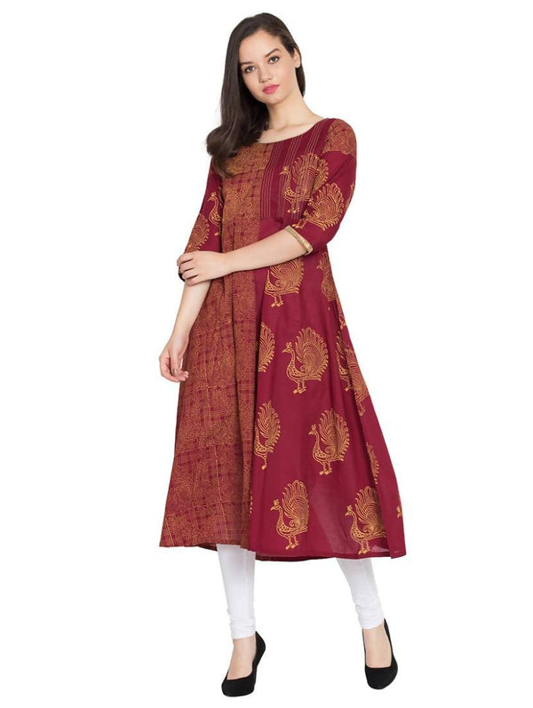 Women's Maroon Hand Block Print Straight Kurta Only - Cheera