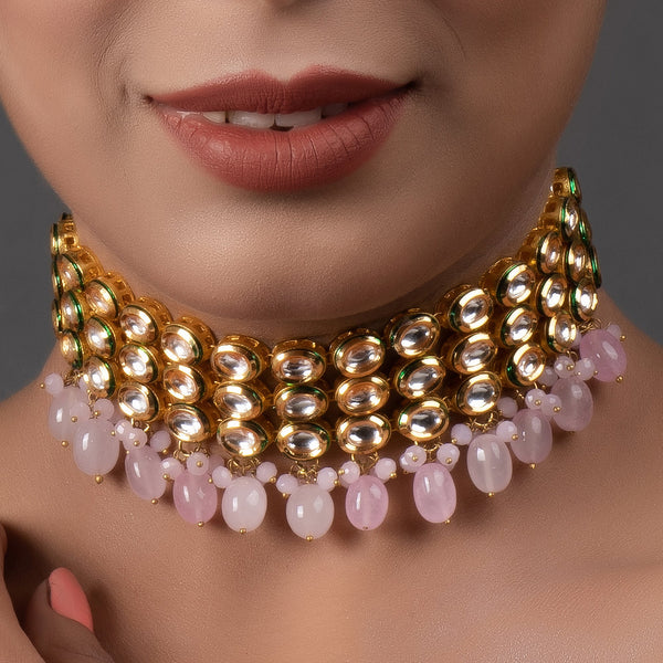 Women's Pink Gold Tone Kundan Choker - Femizen