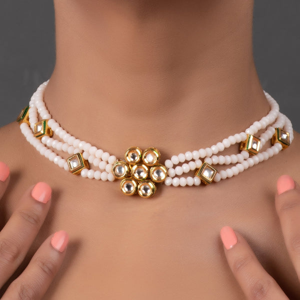 Women's White Gold Tone Kundan Onyx Choker  - Femizen