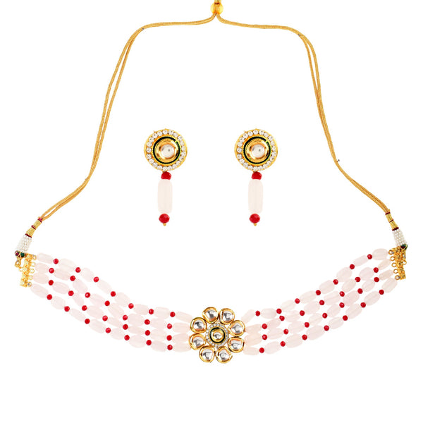 Women's Pink Mahroon Beaded Gold Tone Kundan Inspired Choker Necklace With Earrings   - Femizen