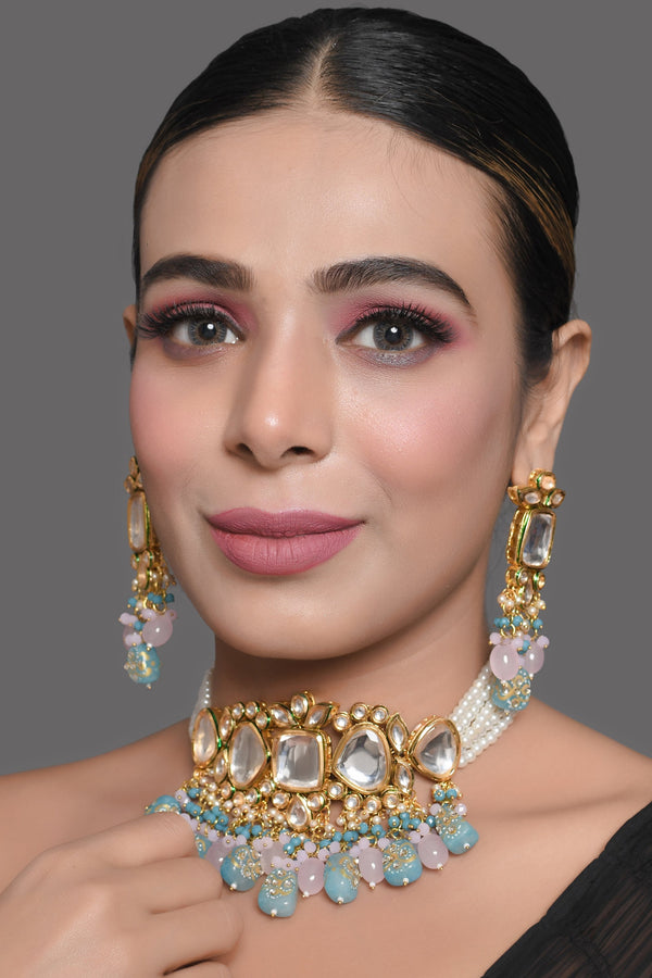 Women's Pastel Blue and pink tanjore beaded handcrafted Kundan Necklace with earrings - Femizen