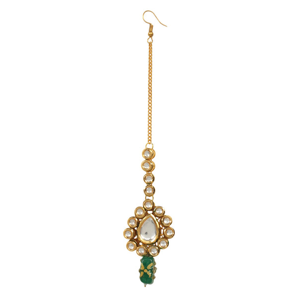 Women's Kundan Gold toned green beaded Mang tika - Femizen