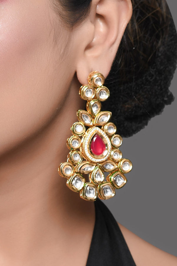 Women's Red Gold toned Kundan inspired earrings - Femizen