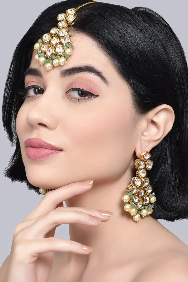 Women's Jade Gold Tone Kundan Earrings and Maang Tikka with Pearls  - Femizen