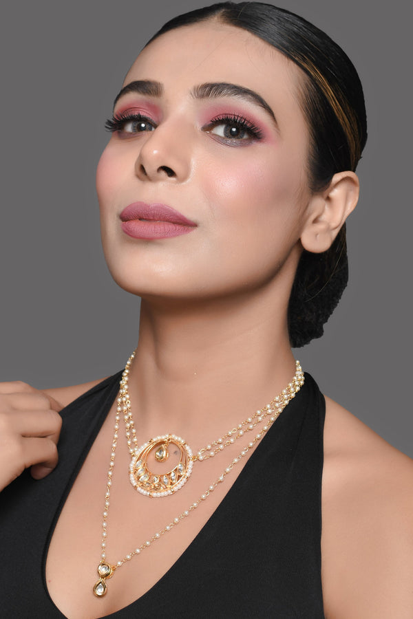 Women's Sleek moon shaped kundan inspired choker teamed with pearl beaded necklace - Femizen