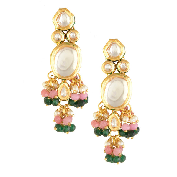 Women's Pink Green Gold Tone Kundan Earrings - Femizen