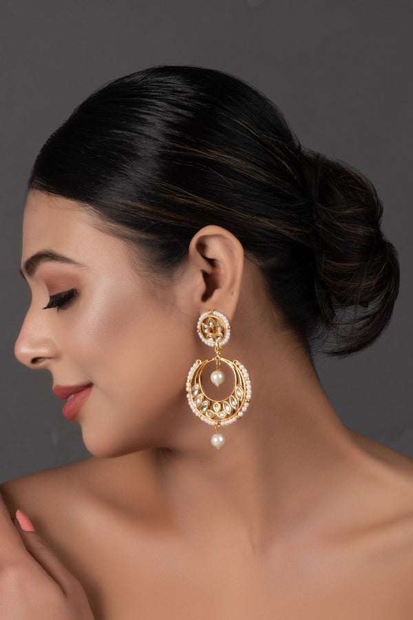 Women's Pearl Beaded Kundan Inspired Drop Earrings - Femizen