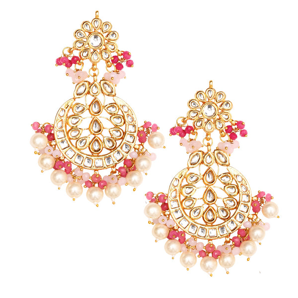 Women's Pearl & Pink Beaded Gold Toned Kundan Earrings - Femizen