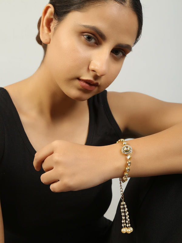 Women's Gold Toned Kundan Inspired Bracelet With Pearls - Femizen