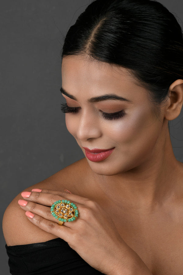 Women's Kundan Inspired Gold Toned Adjustable Ring - Femizen