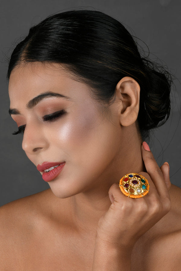 Women's Kundan Navratan Adjustable Ring - Femizen