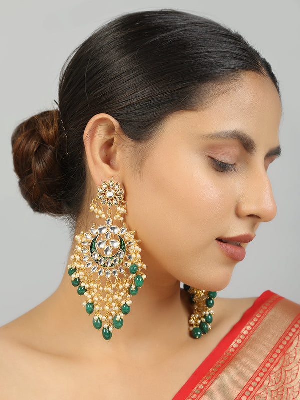 Women's Kundan Green Enamel Chandbali - Femizen