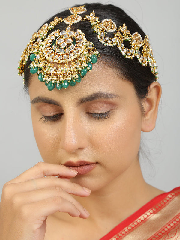 Women's Green Enamel Kundan Statement Matha Patti - Femizen