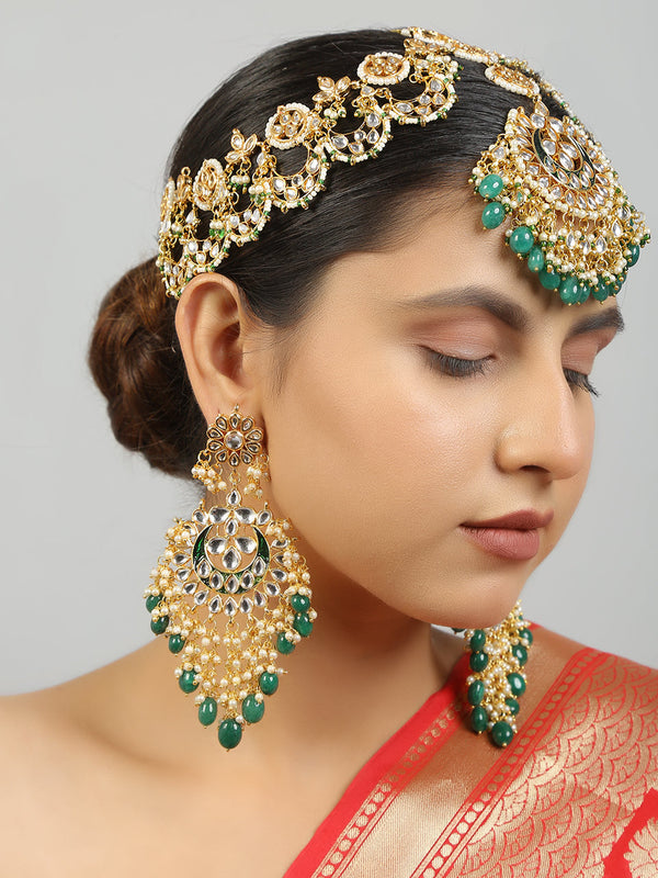 Women's Kundan Chandbali With Statement Matha Patti Set - Femizen