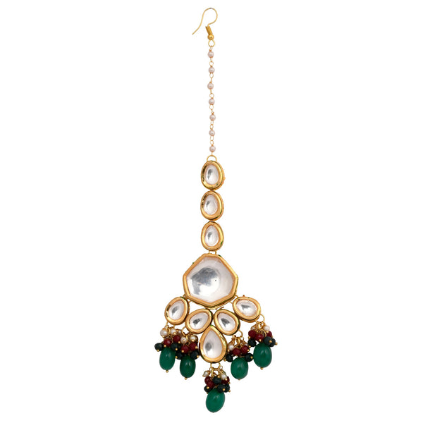 Women's Emerald Beaded Kundan Inspired Mang Tikka - Femizen