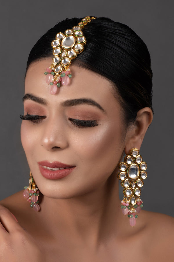 Women's Classic Pink Beaded Gold Tone Kundan Inspired Maang Tikka With Earrings - Femizen