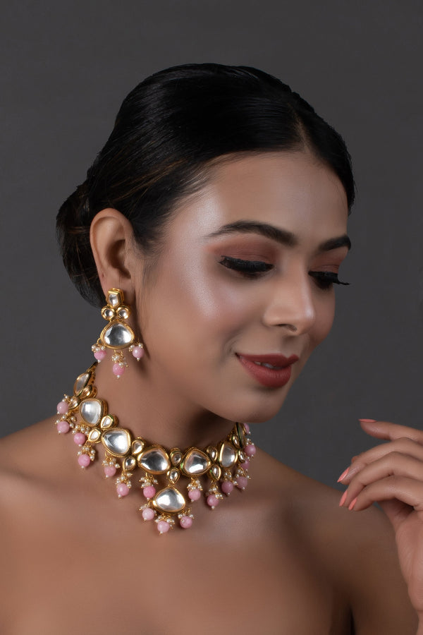 Women's  Pearl & Pink beaded  Gold Tone Kundan Inspired Necklace with Earrings  - Femizen