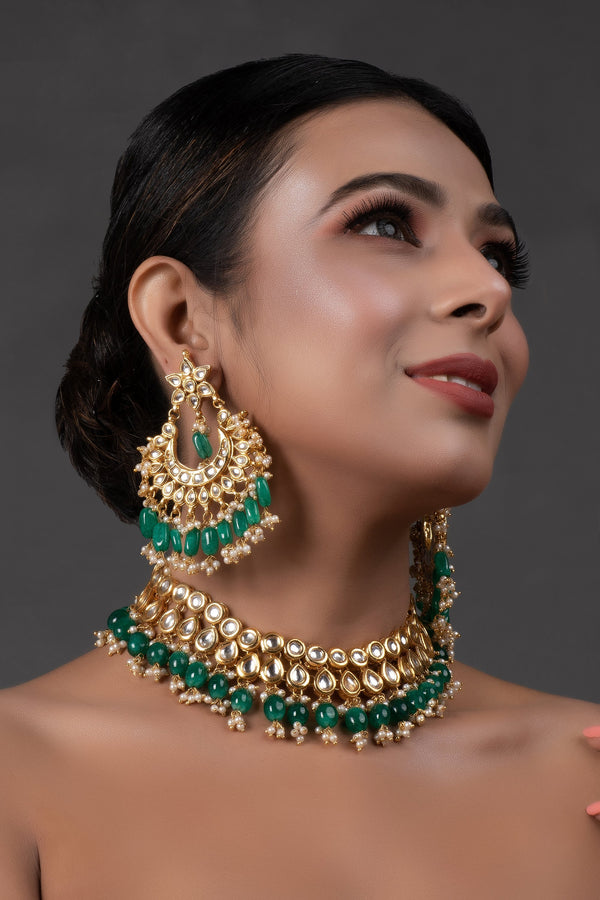 Women's  Emerald beaded Gold toned kundan embellished necklace with chandbali - Femizen