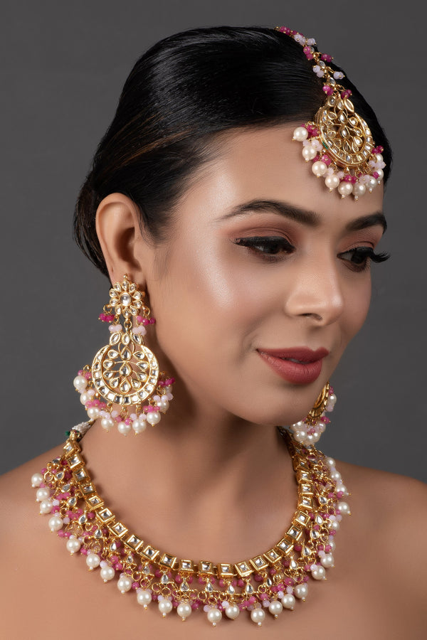 Women's Pearl & Pink Beaded  Gold Tone Kundan Inspired Necklace With Earrings And Maang Tikka - Femizen