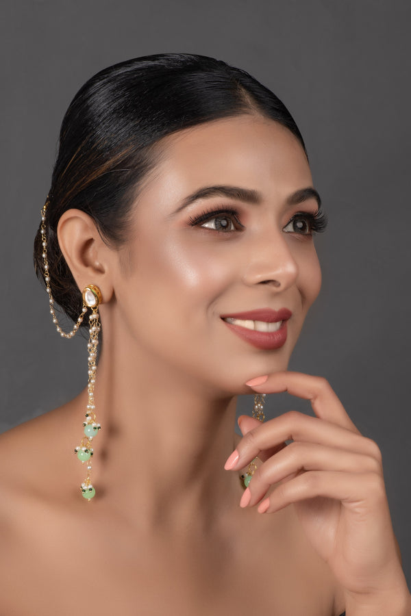 Women's  Gold Tone Kundan Inspired Pearl Tassel Earrings with Hair Chain - Femizen