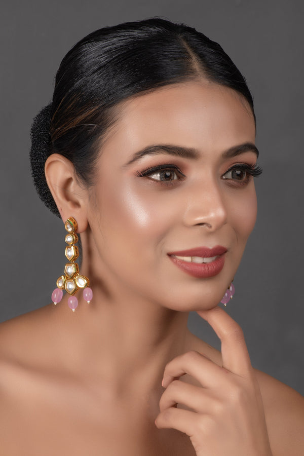 Women's  Pink Gold tone Handcrafted Kundan Earrings - Femizen