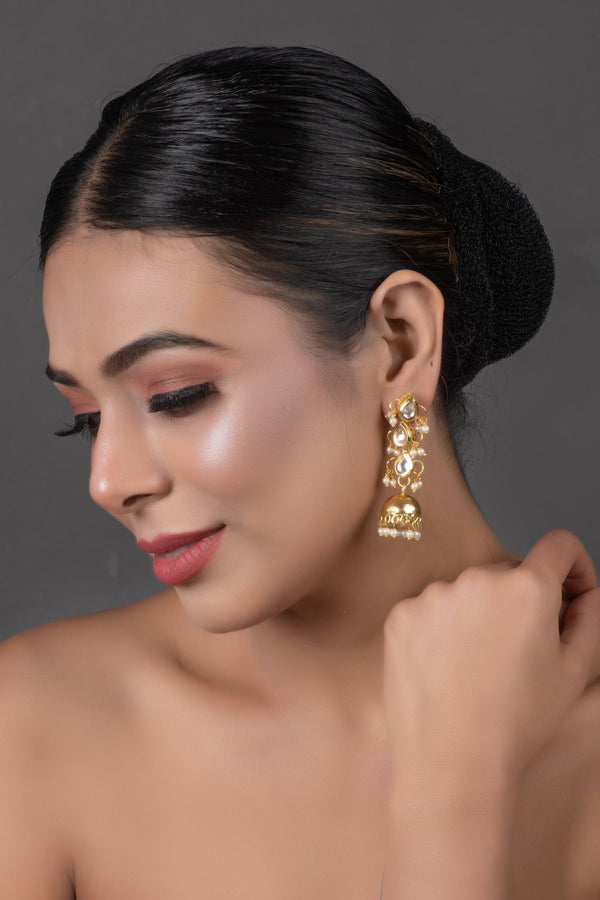 Women's  Classic Gold Tone Kundan Inspired Jhumkis - Femizen