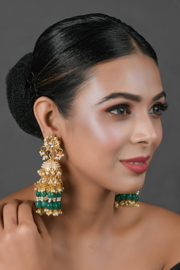 Women's  Emerald & Pearl beaded Jhumki - Femizen