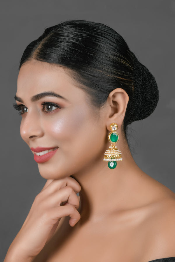 Women's  Green Gold toned Pearl beaded Kundan Jhumki - Femizen