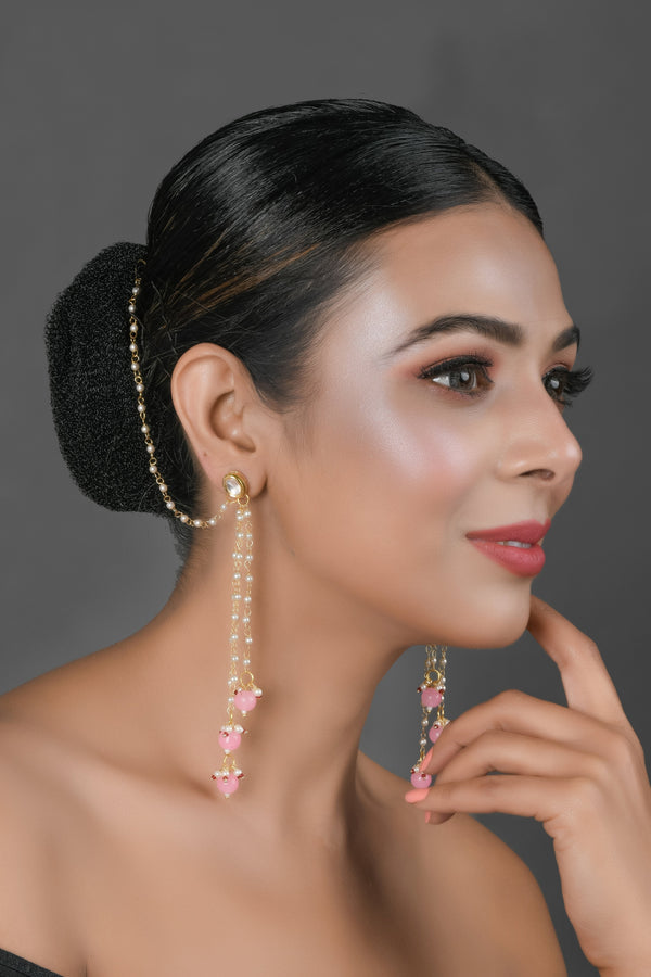 Women's  Gold Tone Kundan Inspired Pearl Tassel Earrings with Hair Chain - Femizen