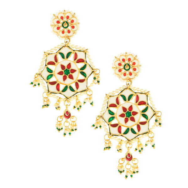 Women's  Gold-Toned Kundan Circular Drop Earrings - Femizen