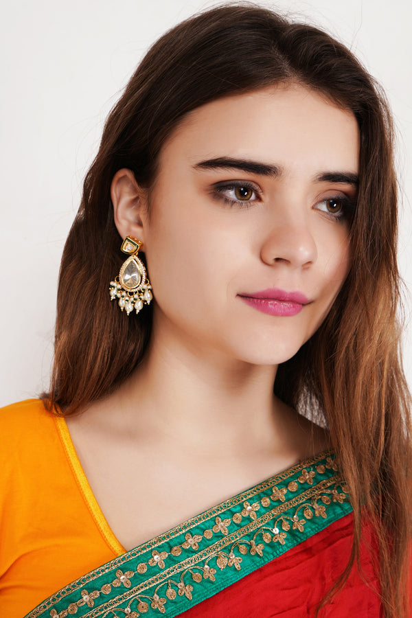 Women's Kundan Polki Drop Earrings With Pearls - Femizen