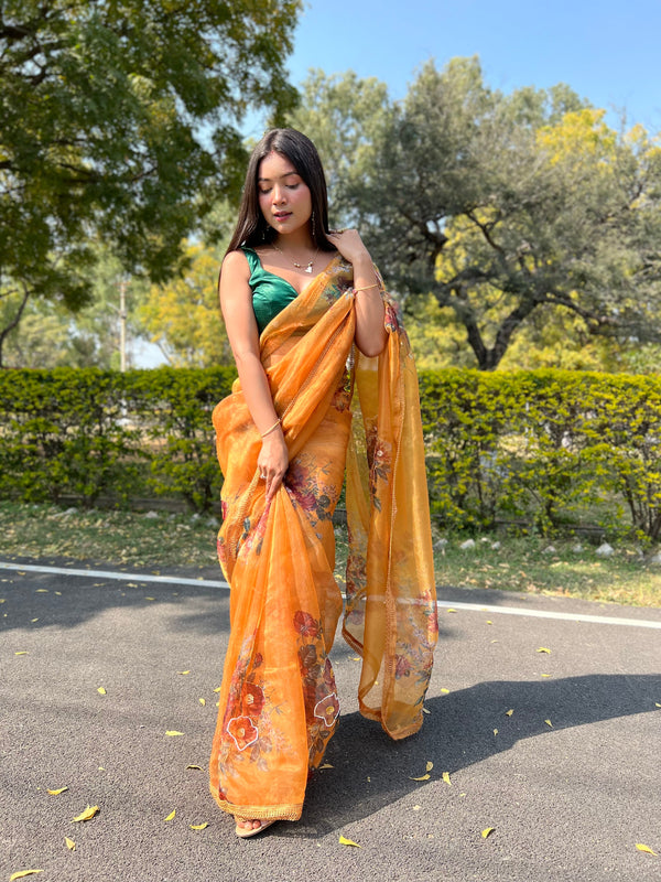 Women's Mustard Floral Printed Saree - VAMSEE