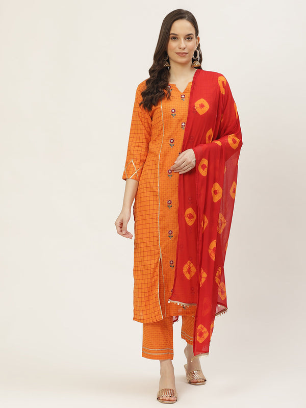 Women's Cotton Blend Kurta And Pant With Dupatta Set - VAABA