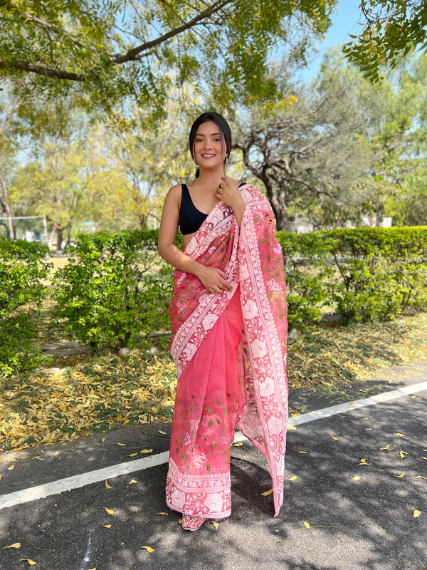 Women's Pink Viscose Threadwork Saree - VAMSEE