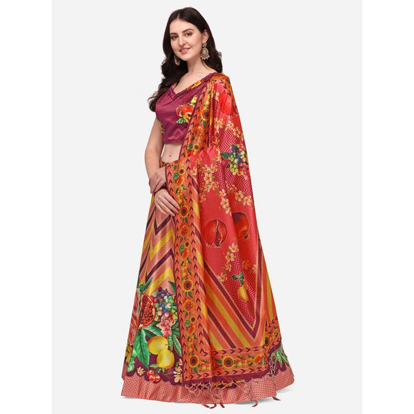 Women's Digital Print Shiney Satin Semistitched Lehenga Choli With Unstitched Blouse And Thred Work Dupatta - Kaizen Texo Fab