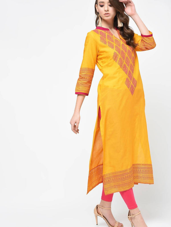 Women's Mustard Hand Block Print Straight Kurta Only - Cheera