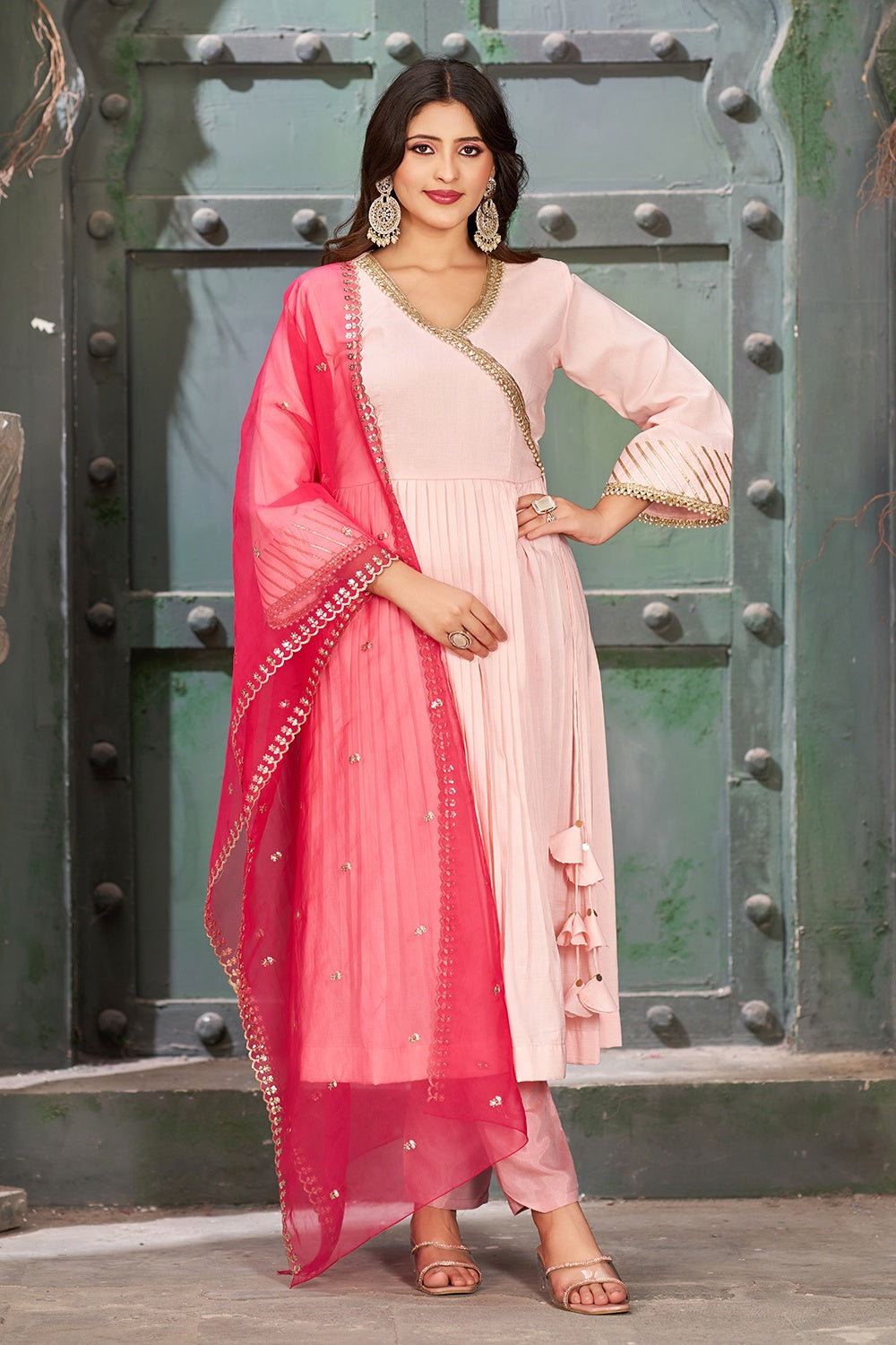 Women's Pink Peach Art Silk Angrakha Neck Kurta Set With Trouser And Dupatta - Curvy Lane