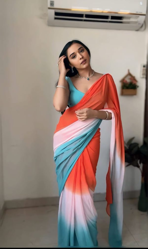 Women's Orange Georgette Silk Printed Saree - A2M