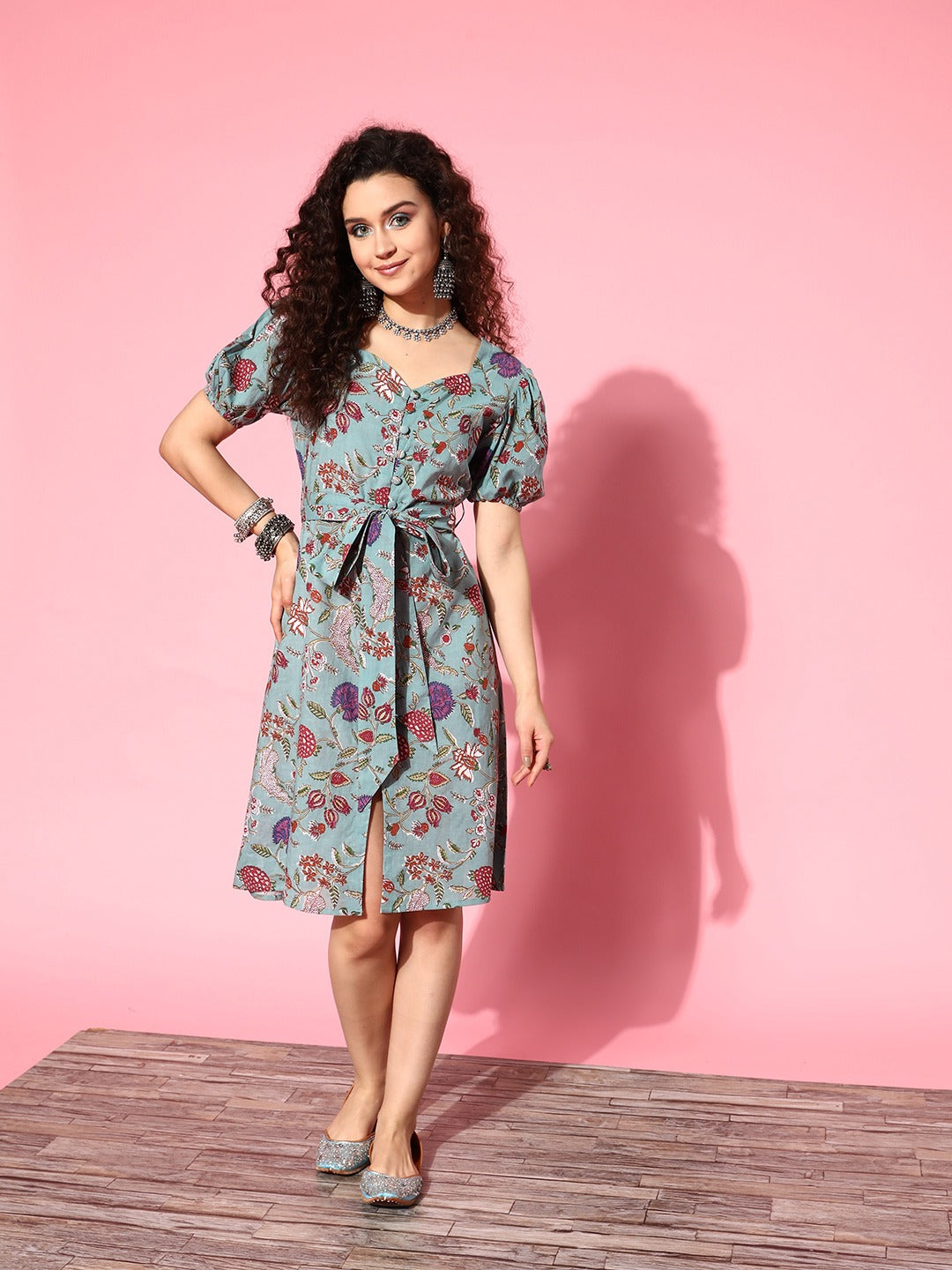 Floral A-Line Dress-Indiakreations-JS8164DRSDBXS