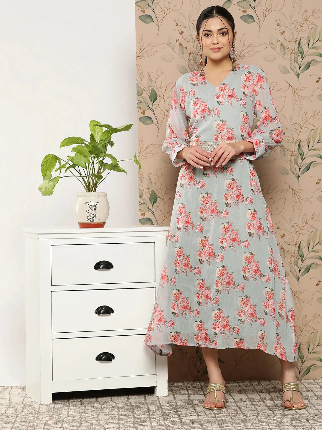 Floral Chiffon A-Line Midi Dress-Indiakreations-JS8514DRSGYS