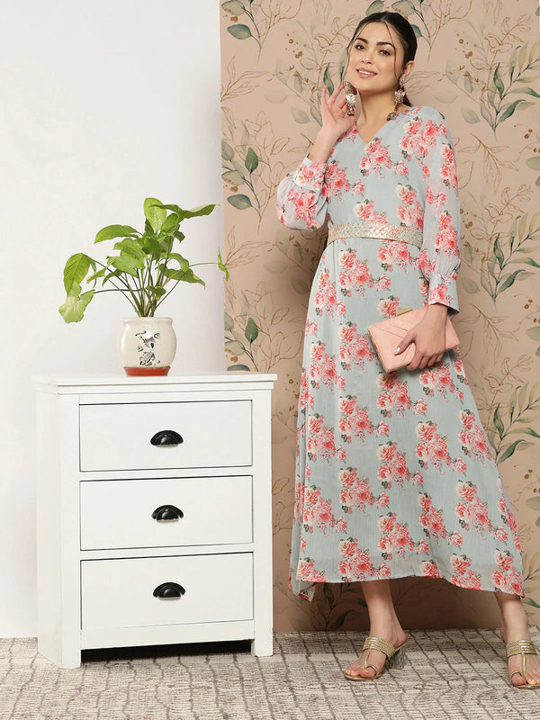 Floral Chiffon A-Line Midi Dress-Indiakreations-JS8514DRSGYS