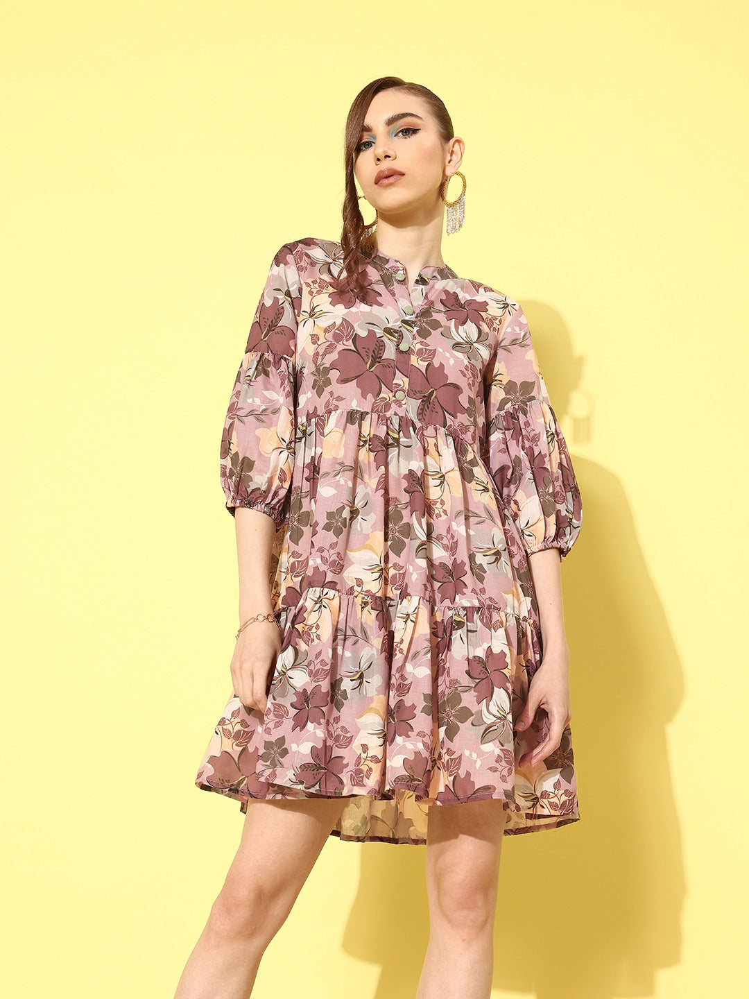 Floral Print Puff Sleeve Fit & Flare Dress-Indiakreations-JS1429DRSBRS