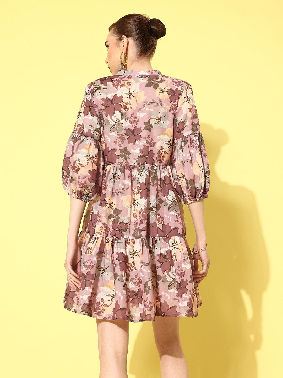 Floral Print Puff Sleeve Fit & Flare Dress-Indiakreations-JS1429DRSBRS