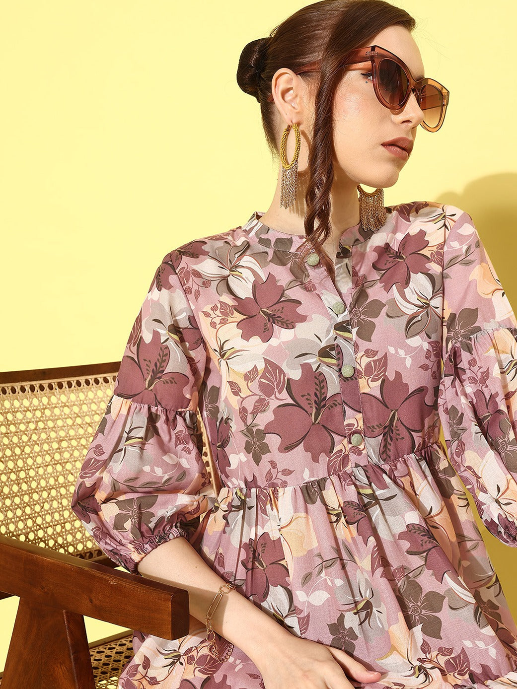 Floral Print Puff Sleeve Fit & Flare Dress-Indiakreations-JS1429DRSBRS