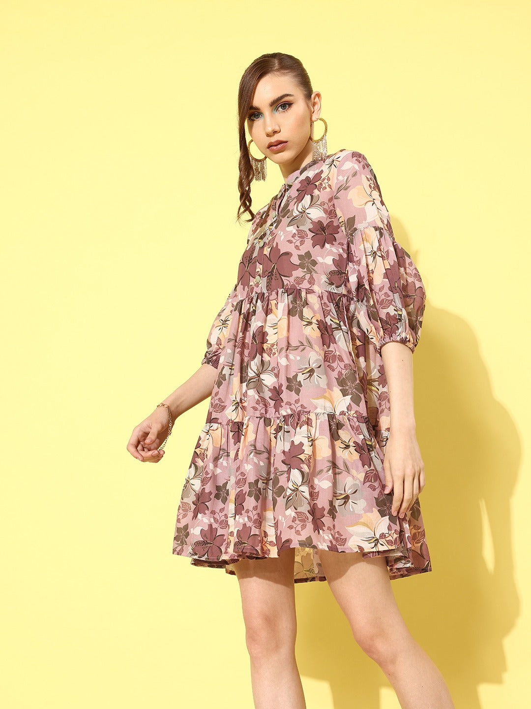 Floral Print Puff Sleeve Fit & Flare Dress-Indiakreations-JS1429DRSBRS