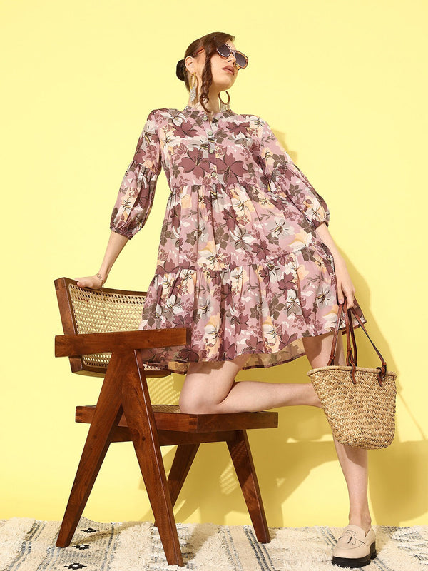 Floral Print Puff Sleeve Fit & Flare Dress-Indiakreations-JS1429DRSBRS