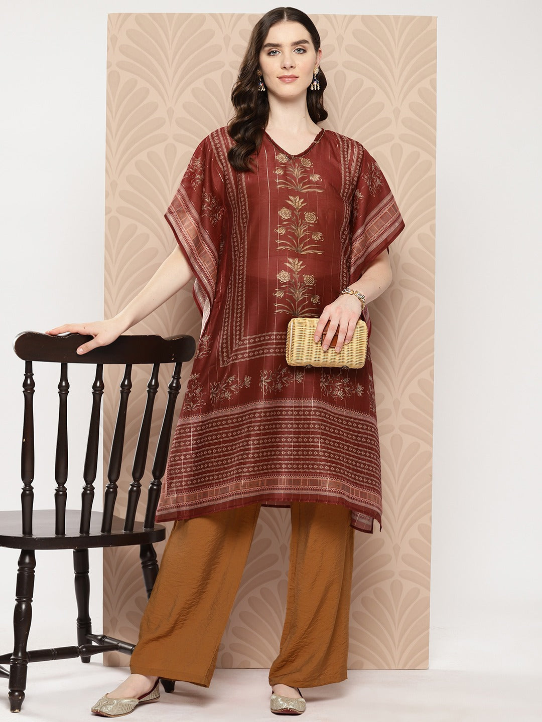 Floral Printed Flared Sleeves Kaftan Kurta-Indiakreations-JS1459KFTMRS