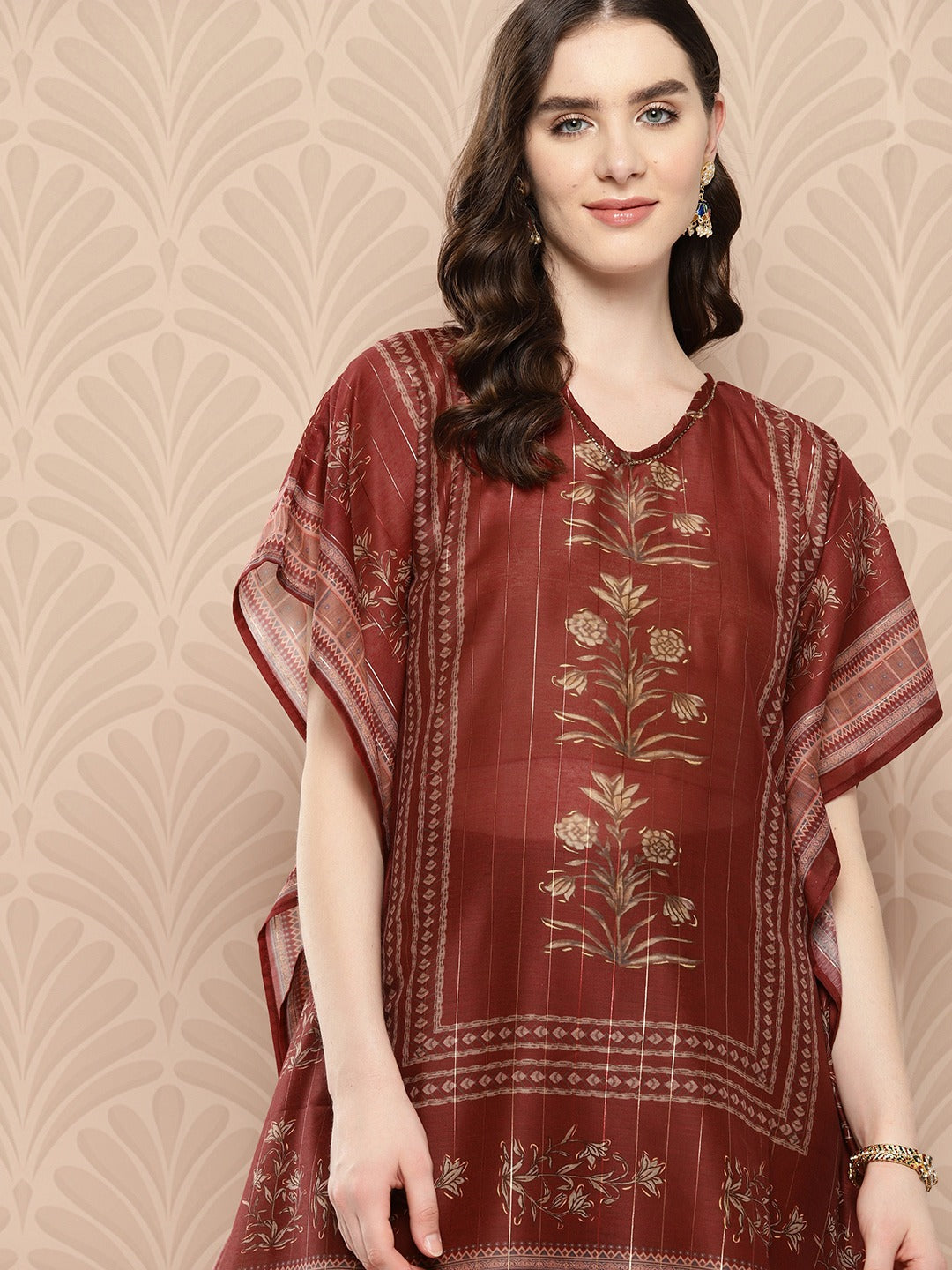 Floral Printed Flared Sleeves Kaftan Kurta-Indiakreations-JS1459KFTMRS