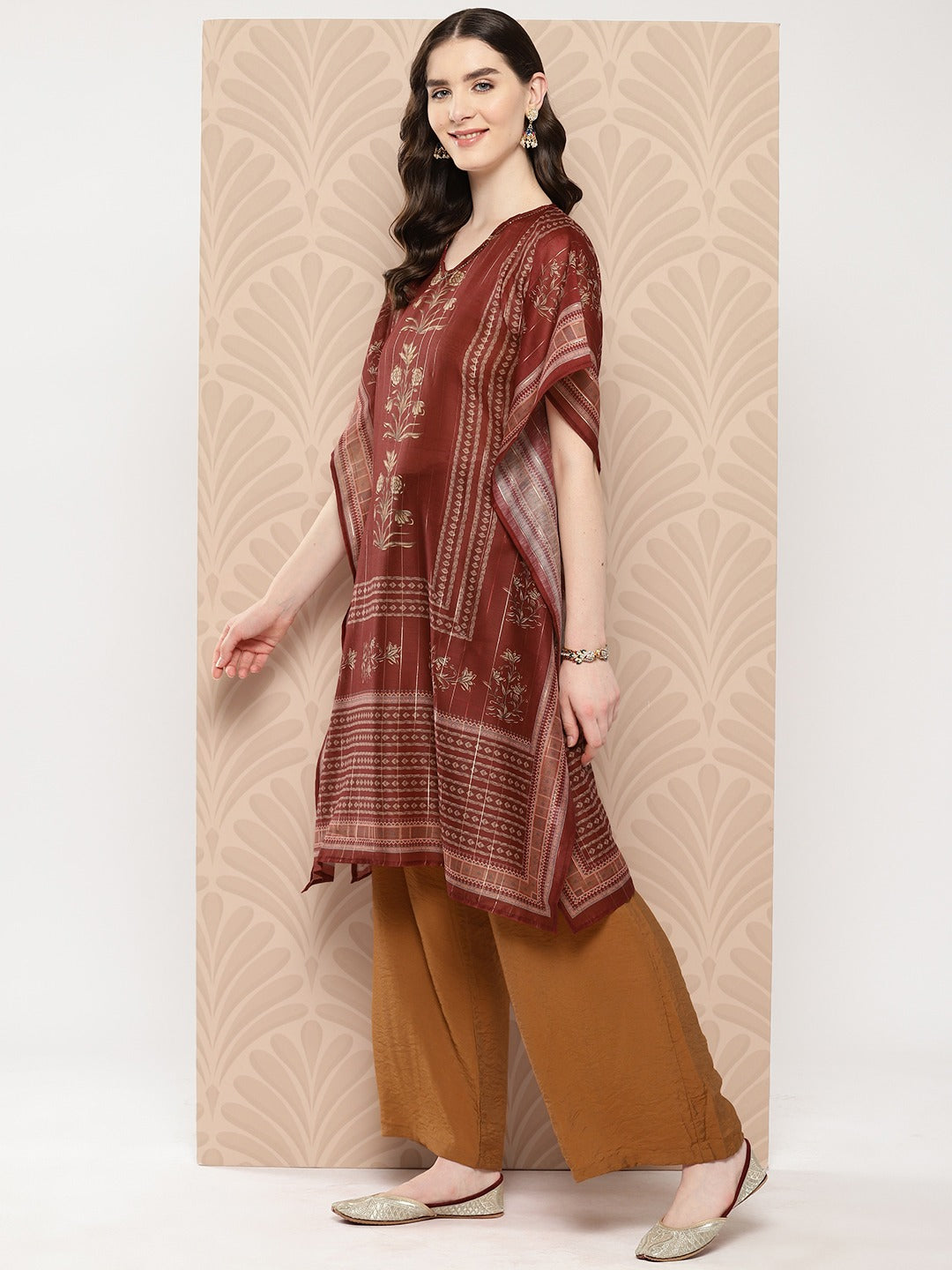 Floral Printed Flared Sleeves Kaftan Kurta-Indiakreations-JS1459KFTMRS