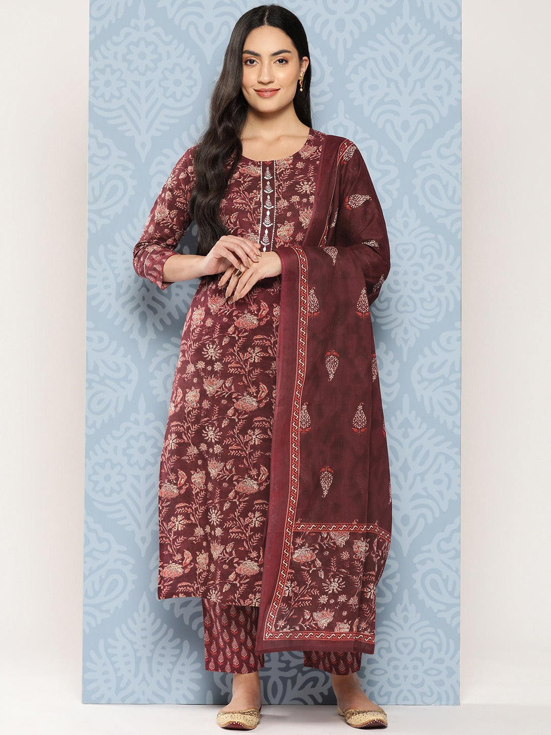 Floral Printed Regular Gotta Patti Pure Cotton Kurta with Trousers & Dupatta-Indiakreations-JS1370SKDMRS